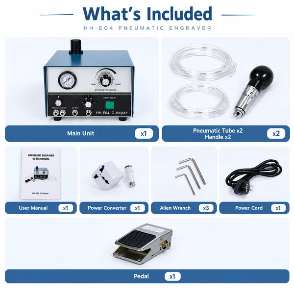 HH-E04 G-Helper pneumatic engraving machine specifications infographic showing 100W power, 100-240V voltage, 0-8000 RPM handpiece speed, 0-60 PSI pressure range, and 7.3 kg weight with machine dimensions 26.5 x 21 x 19.5 cm