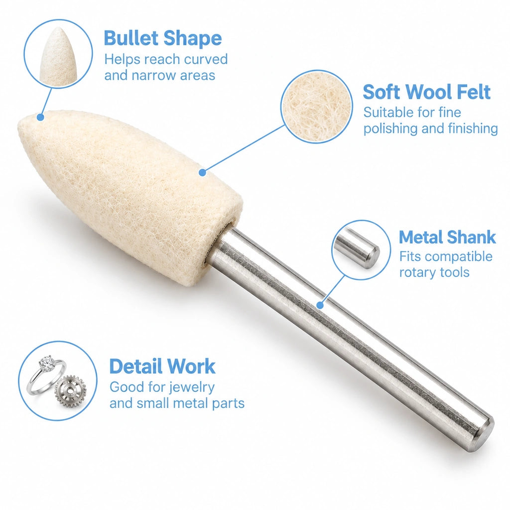 Bullet-shaped wool felt polishing point product features graphic