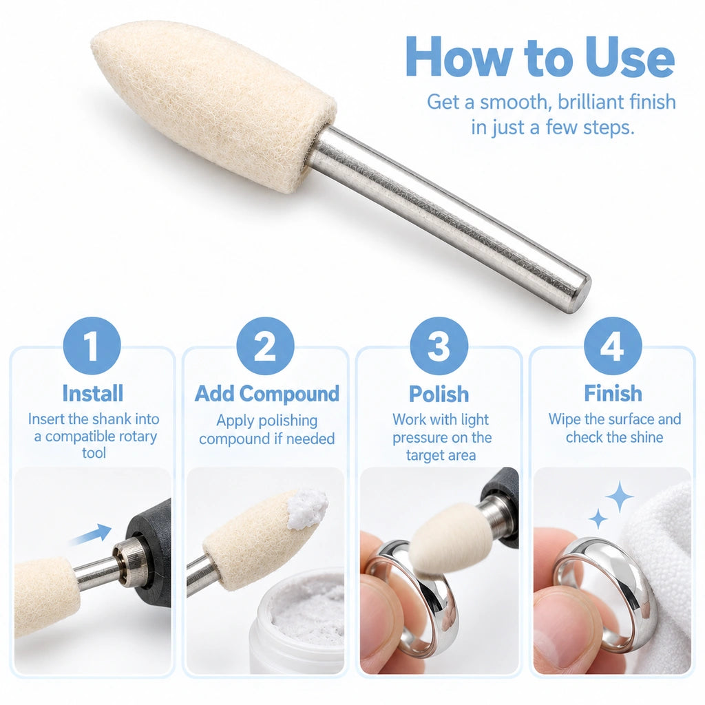 How-to-use graphic for a bullet-shaped wool felt polishing point